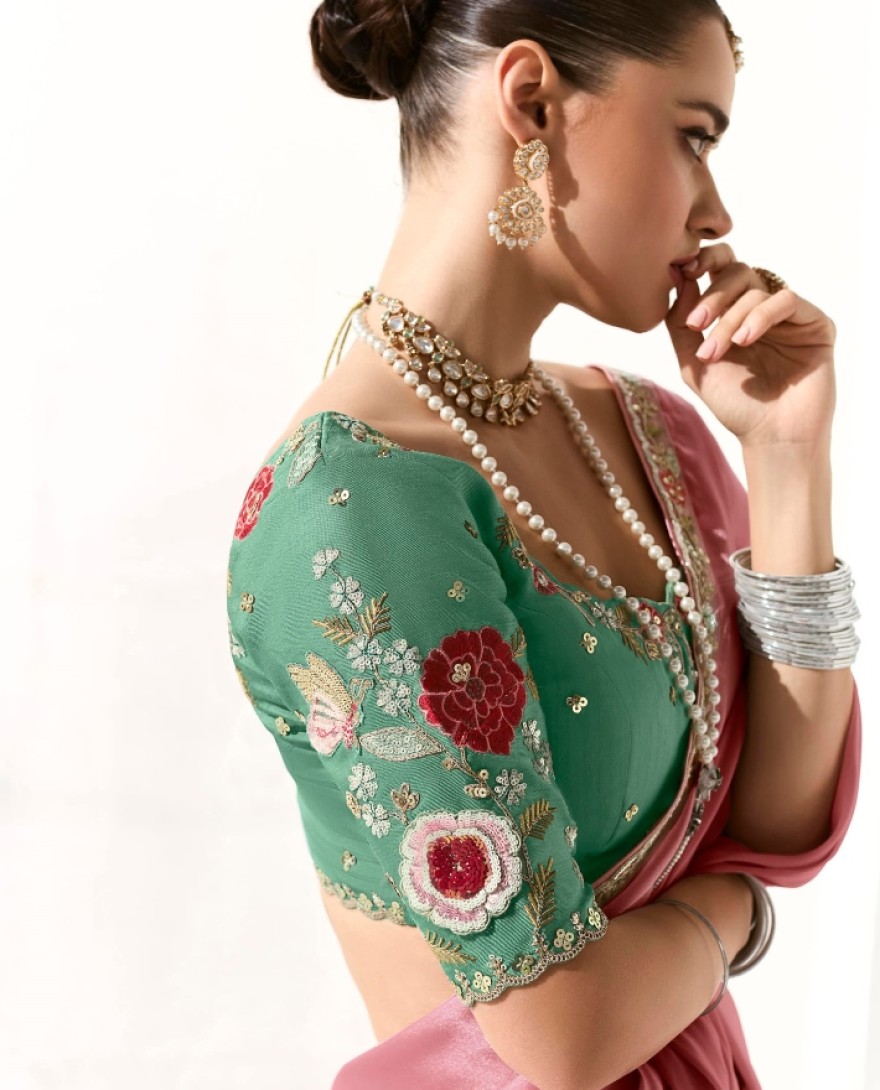 2224 - AMAZING LIGHT PINK BORDER WROK TISSUE SILK ENGAGEMENT WEAR SAREE